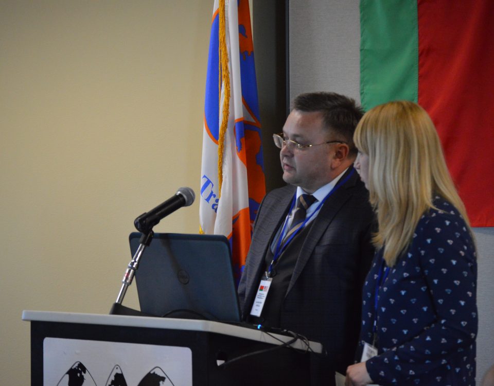 Leader of the Belarus trade delegation Aliaksandr Zabella, Chairman of the Belarusian State Food Industry Concern and Tatiana Sitnikava, Chief of the Foreign Affairs Sector for the Mogilev Region of the Belarus Chamber of Commerce and Industry address Arkansas government and commercial leaders at the World Trade Center Arkansas.