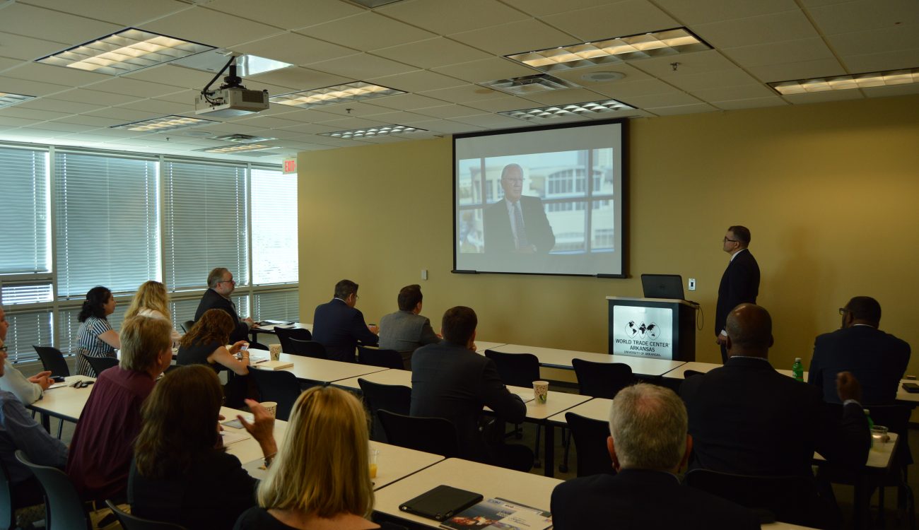 Participants in the Inside Export Financing Seminar watch a video about the World Trade Center Arkansas presented by Melvin Torres, Director of Western Hemisphere Trade. People interested in similar exporting resources cansubscribe to World Trade Center Arkansas emails to learn about upcoming opportunities.